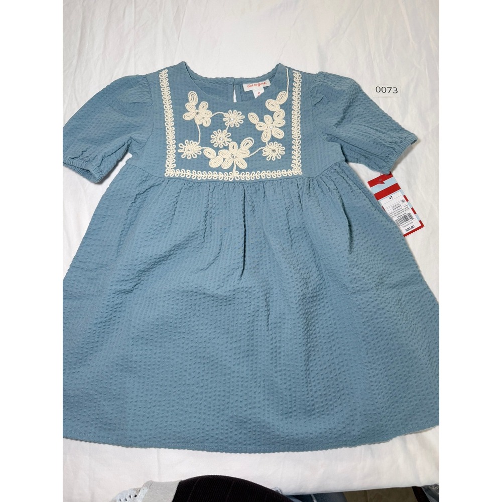 Cat & Jack Toddler Girls Blue Floral Embroidered Seersucker Dress 4T NWT